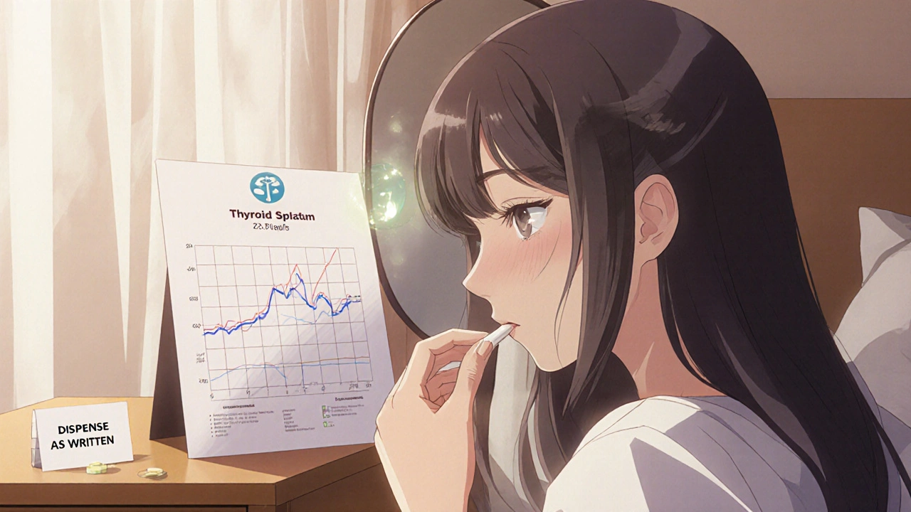 Femme prenant un médicament, son reflet montre une augmentation du TSH, lumière douce et note médicale visible.
