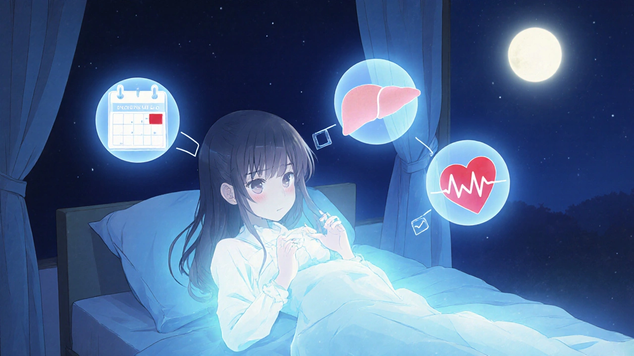 Fille au lit, corps lumineux, symboles de prise hebdomadaire de rosuvastatine flottant autour d&#039;elle.