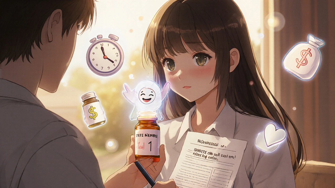 Fille avec deux esprits de médicaments, son médecin écrit &#039;dispensé tel quel&#039; sur une ordonnance flottante.