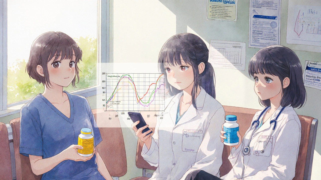 Groupe de patients dans une salle d&#039;attente avec des pilules de différentes formes, graphiques bioéquivalents flottants.