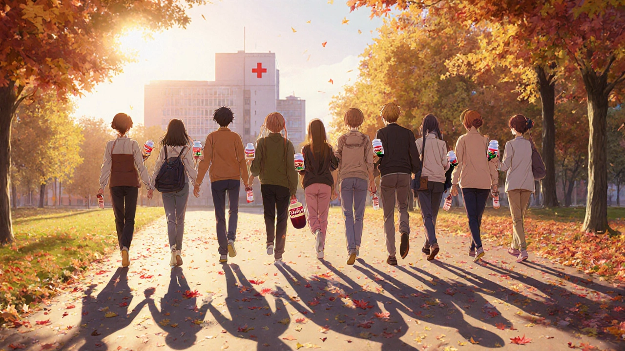 Groupe de personnes marchant ensemble dans un parc, tenant des bouteilles de médicaments génériques, leurs ombres forment des cœurs.