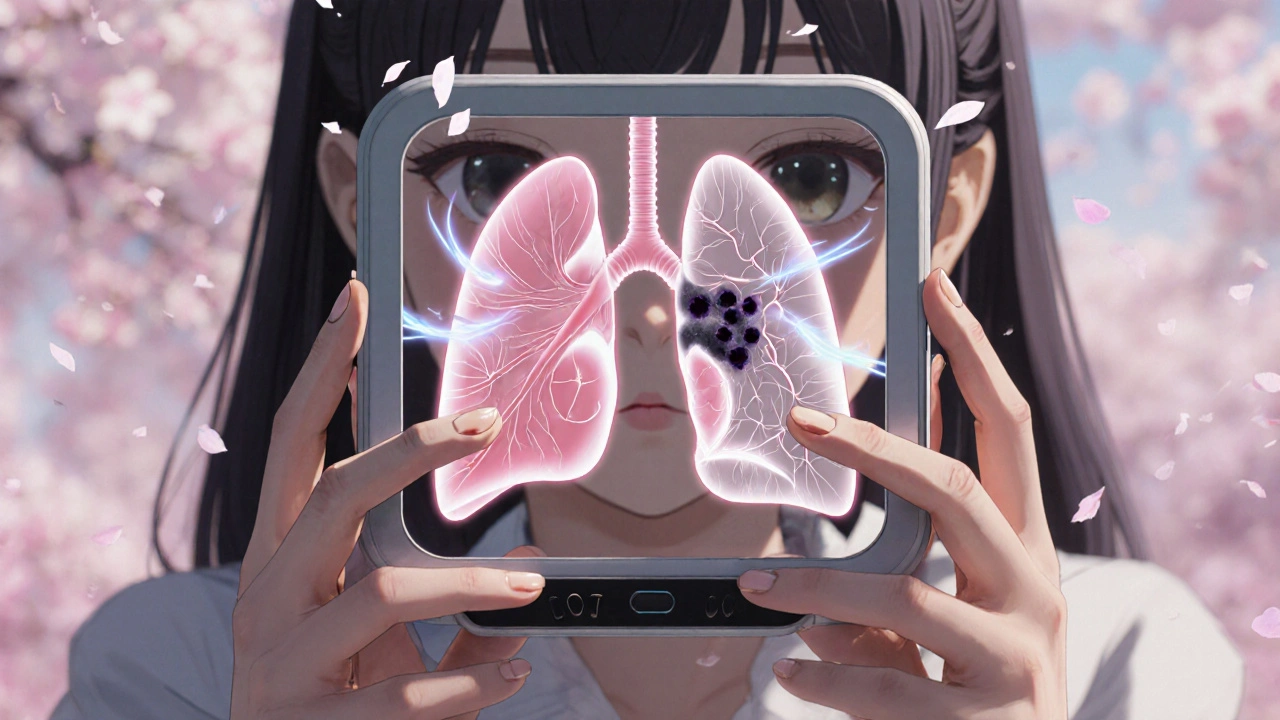 Main tenant un appareil de scanner projetant un modèle holographique de poumons sains et endommagés.