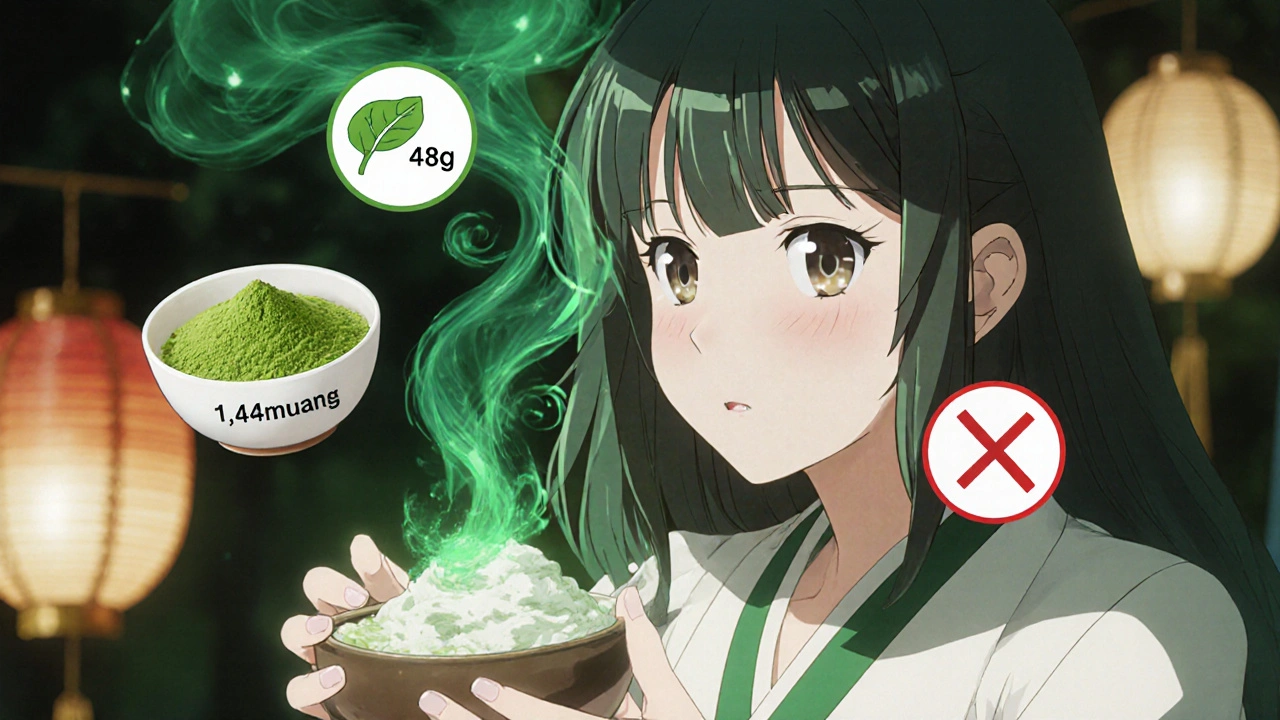 Main versant du matcha en poudre, des icônes de vitamine K flottent au-dessus avec des valeurs comparatives.