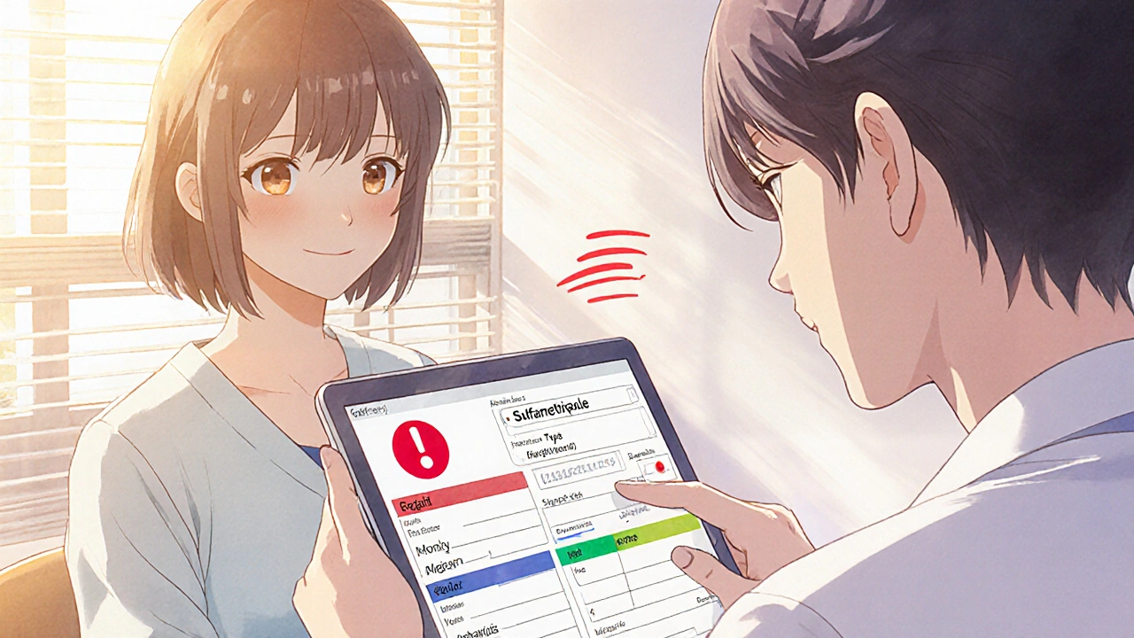 Médecin et patiente corrigent ensemble une allergie vague dans un dossier médical électronique.