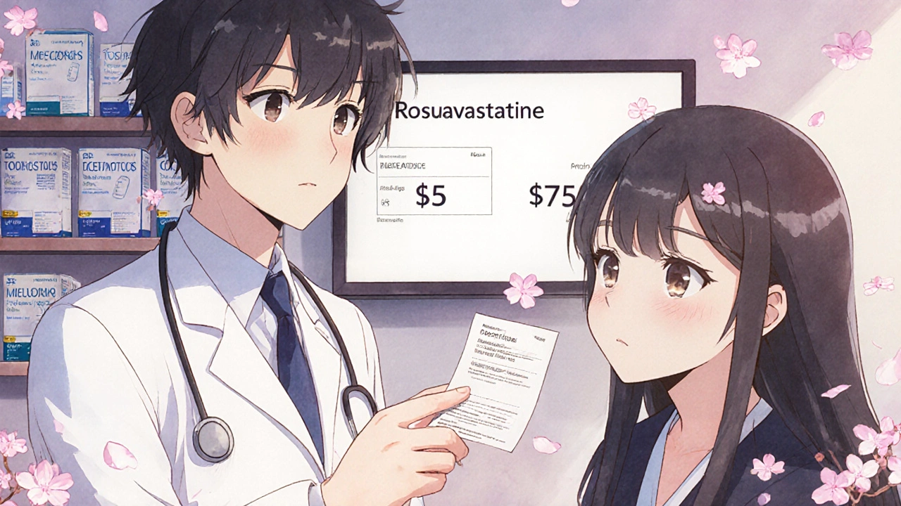 Médecin remettant une ordonnance à un patient, un écran affichant les prix comparés d&#039;un médicament générique et de marque.