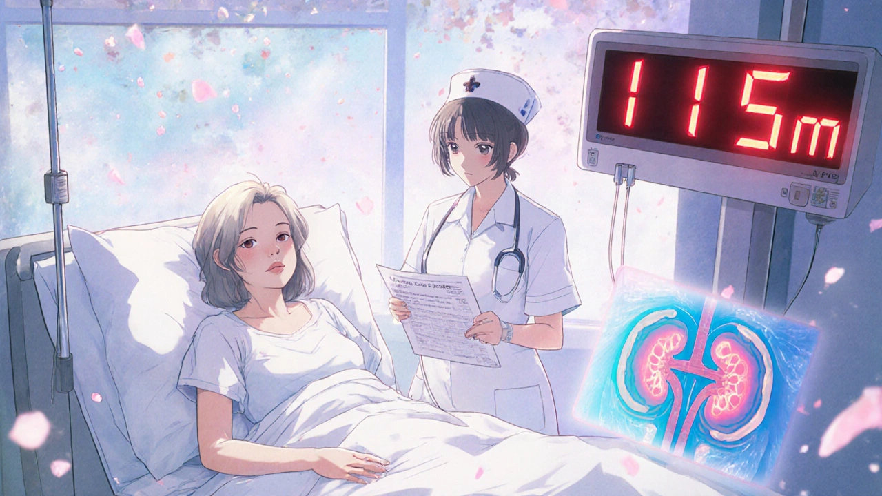 Patient hospitalisée avec un affichage numérique de calcium élevé, une infirmière lui tend un rapport sanguin.