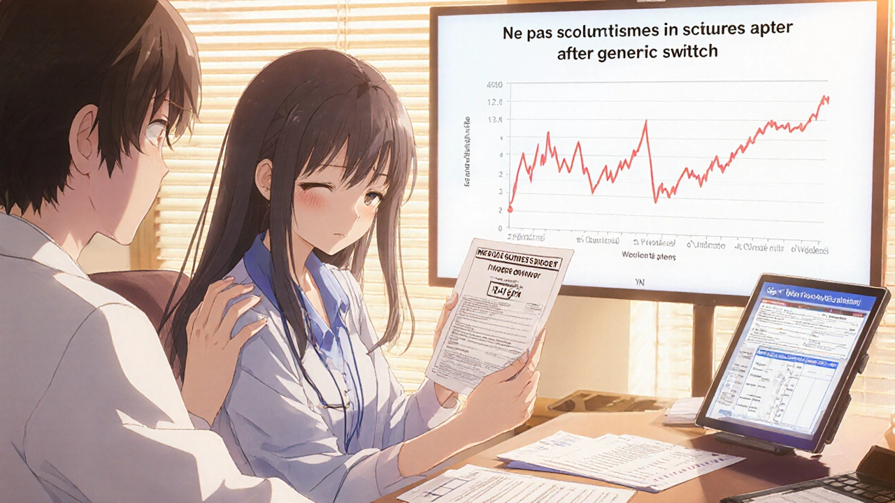 Patientesse dans un cabinet médical recevant une ordonnance avec &#039;Ne pas substituer&#039;, son médecin la rassure, fond avec écran affichant une courbe de risque.