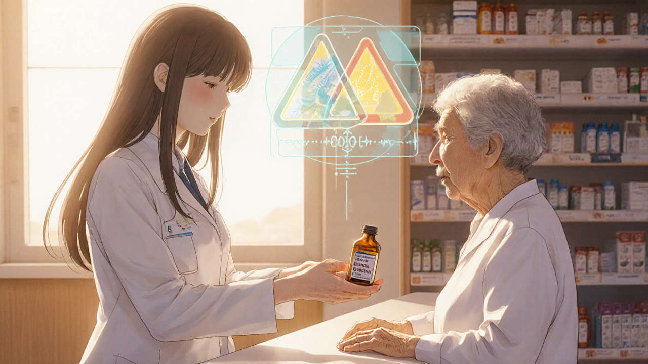 Pharmacien remet une dose sûre de vitamine D à une personne âgée, avec une illustration holographique des alternatives.