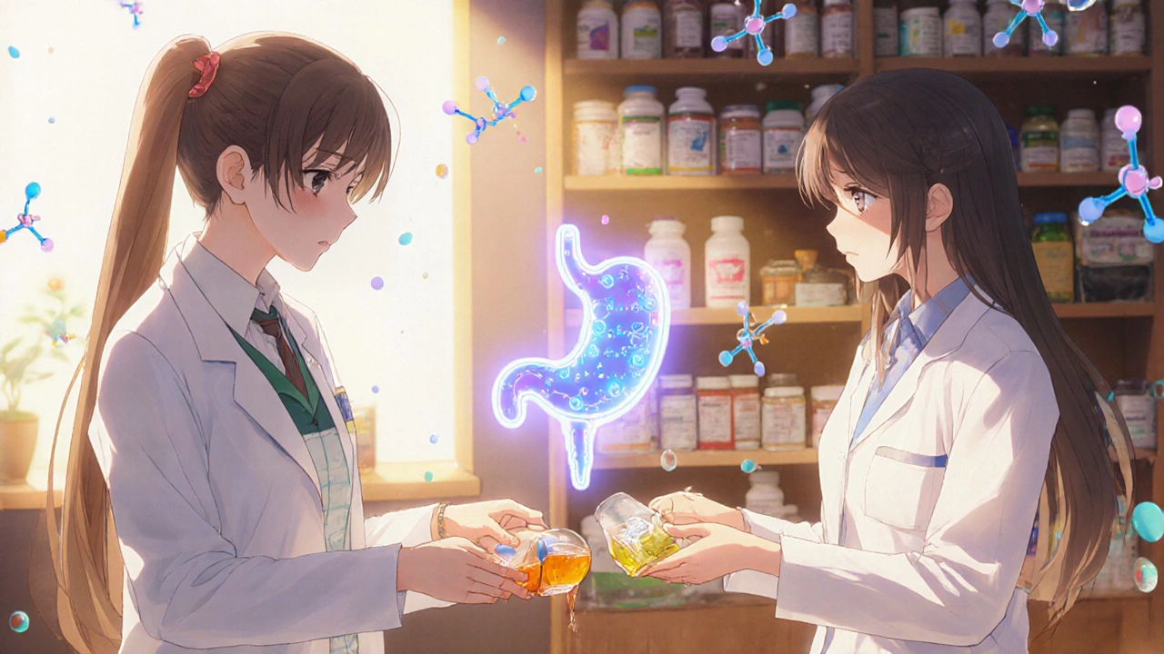 Pharmacien remettant des formes liquides et sublinguales à une patiente après chirurgie.