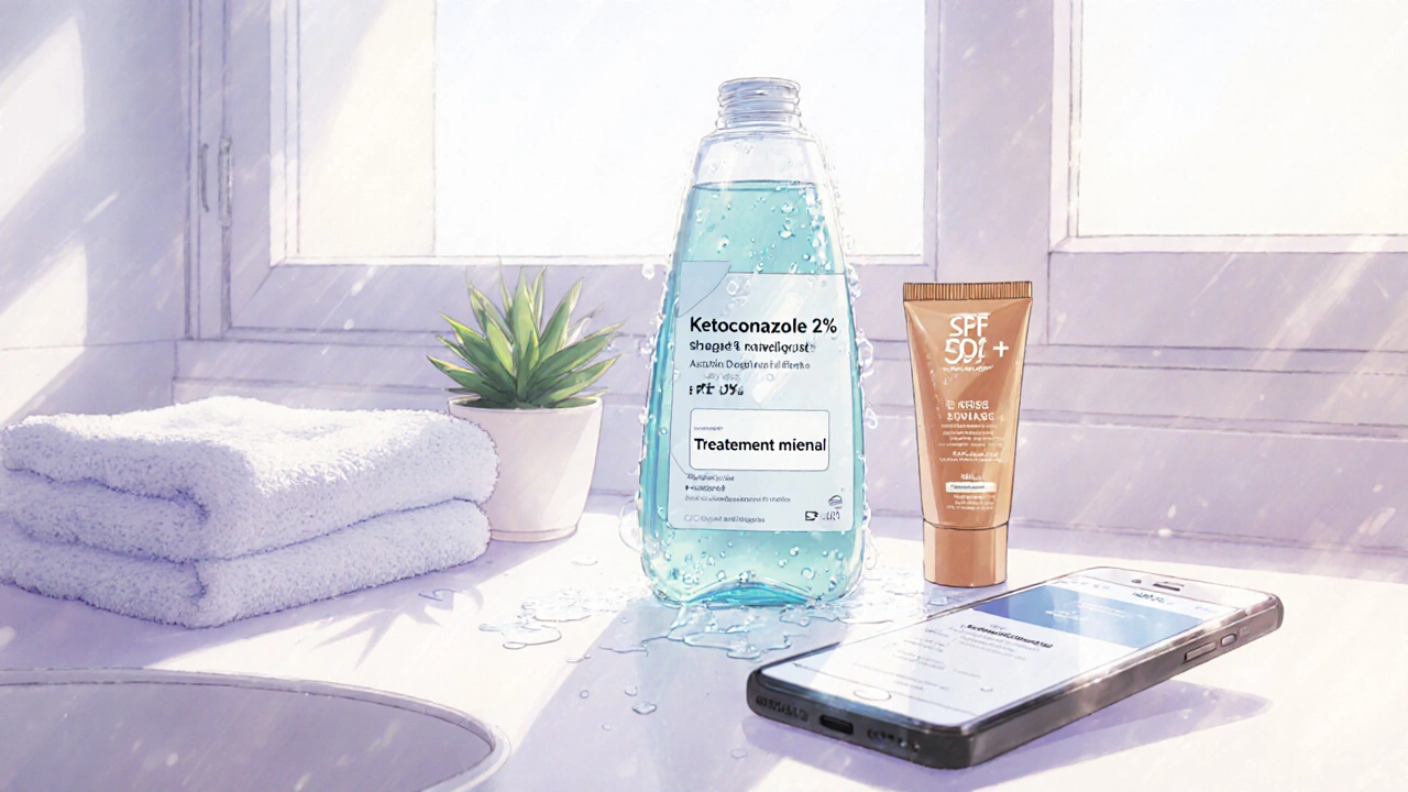 Plan de salle de bain avec shampoing kétoconazole, crème solaire et notification de rappel mensuel.