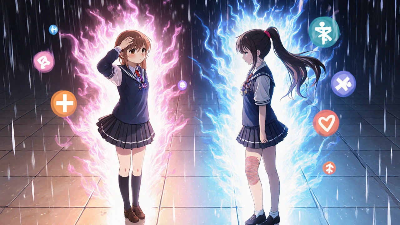 Scène divisée montrant deux filles avec des maux de tête et un genou enflé, symbolisant les deux types d&#039;analgésiques.