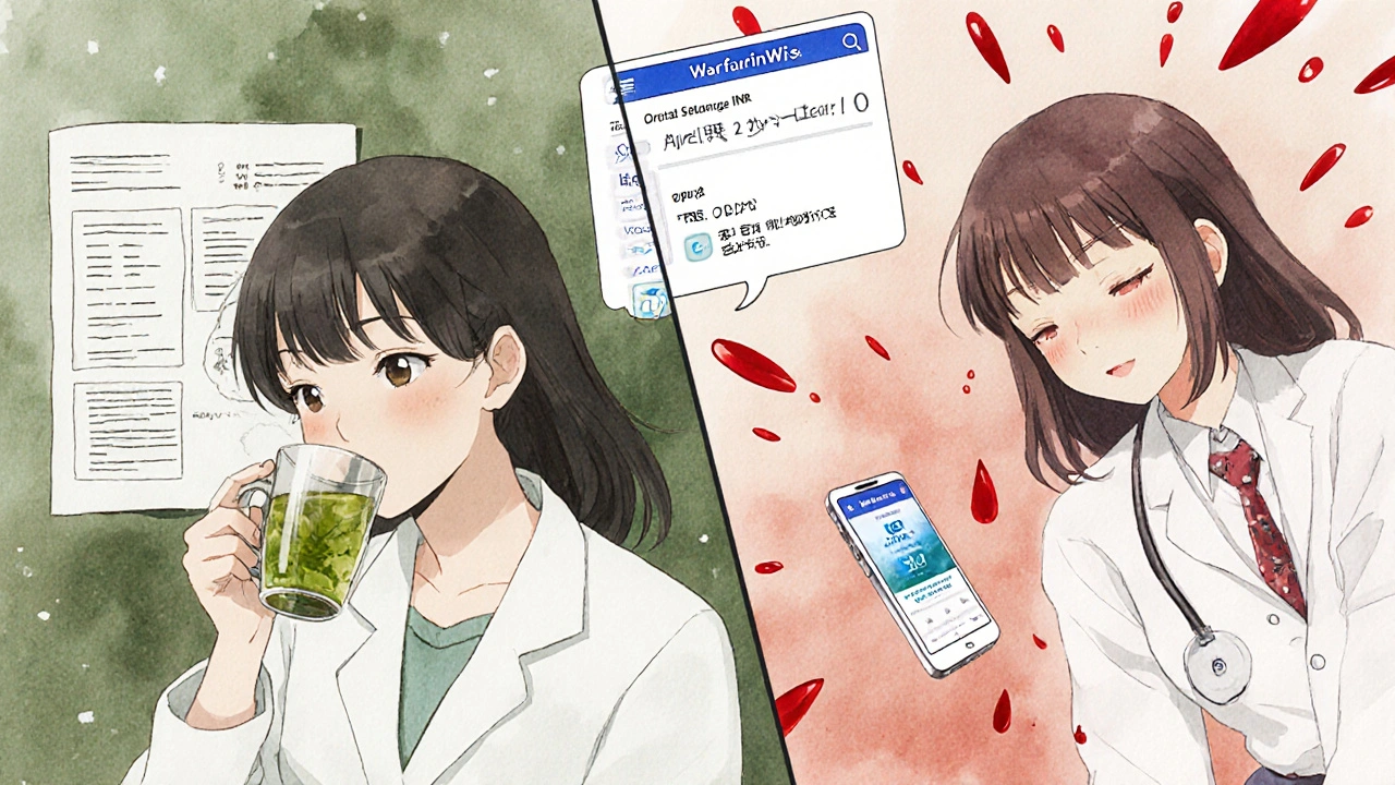 Scène divisée : thé vert régulier vs arrêt soudain, INR stable contre INR élevé avec gouttes de sang.