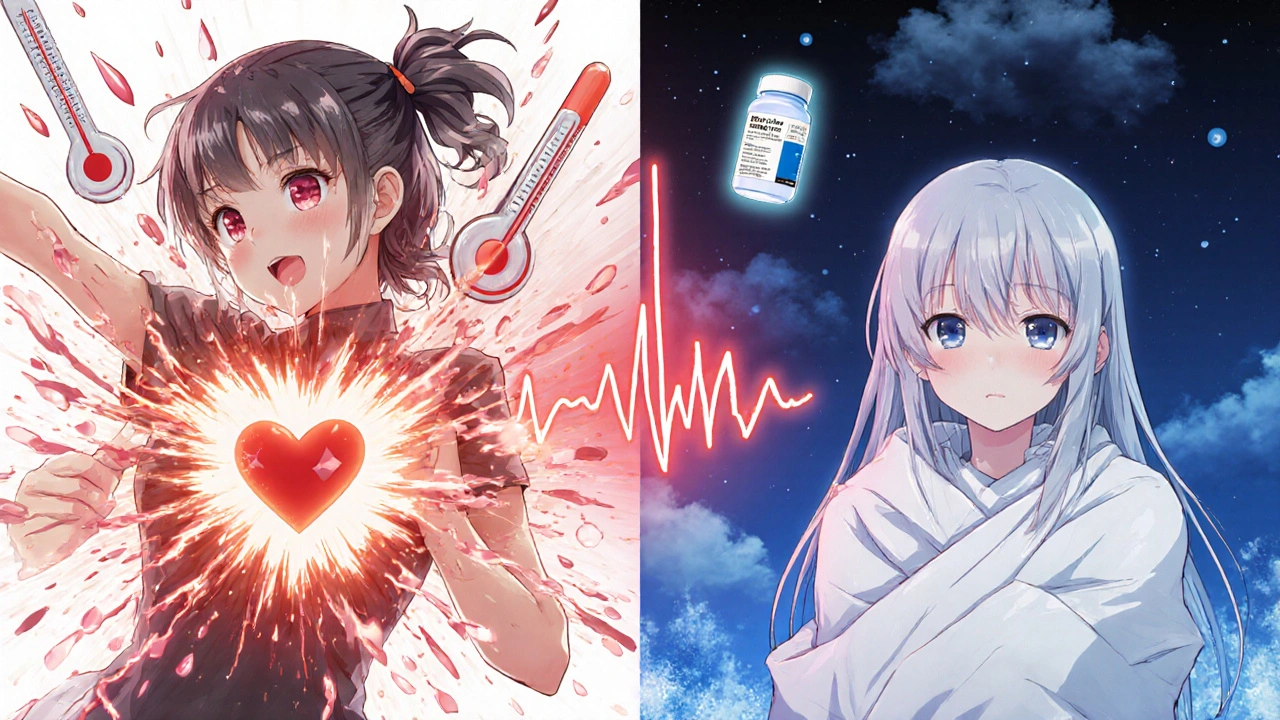 Scène en deux parties : une femme énergique entourée de chaleur, puis la même femme frissonnant au froid, avec une glande thyroïde qui change de couleur.