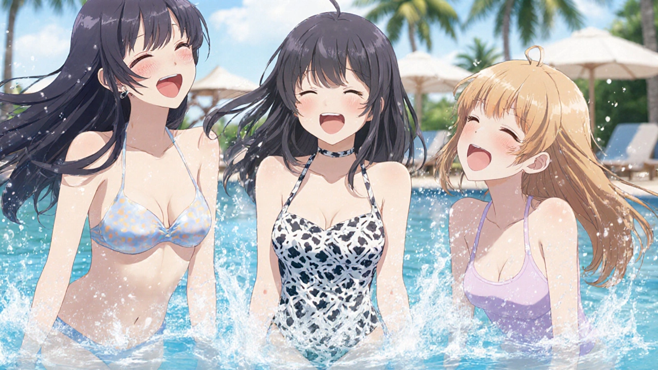 Trois amies riant dans une piscine, peau uniforme, lumière estivale, ambiance joyeuse et libérée.