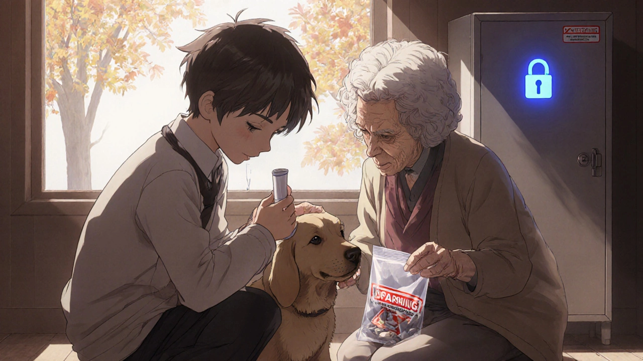 Un garçon avec un chien, tenant un tube vide de médicament, tandis que sa grand-mère prépare les comprimés périmés à déposer en pharmacie.