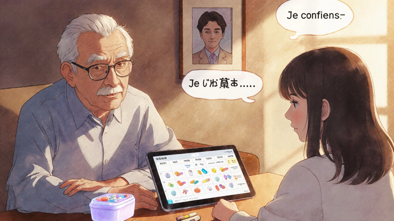 Un homme âgé répète son traitement à sa petite-fille dans un salon, avec une tablette affichant des pilules animées.