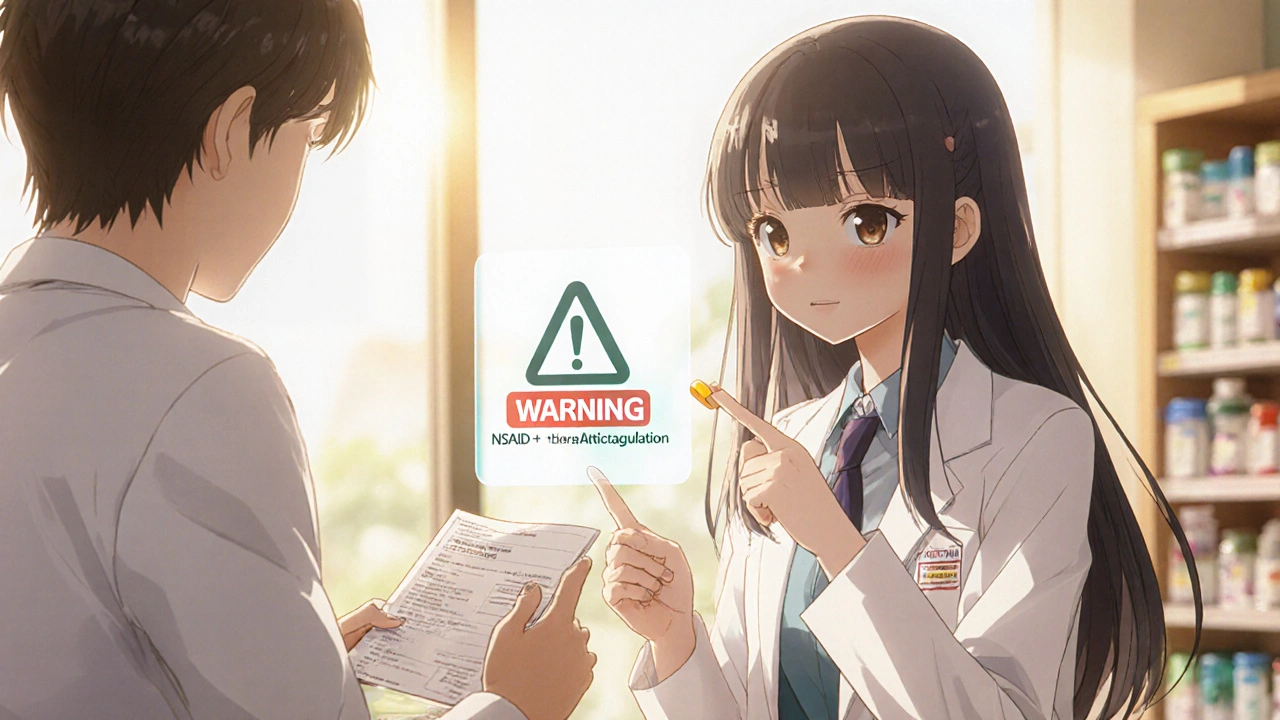 Un patient pose des questions à une pharmacienne sur une interaction médicamenteuse, une alerte holographique entre eux.