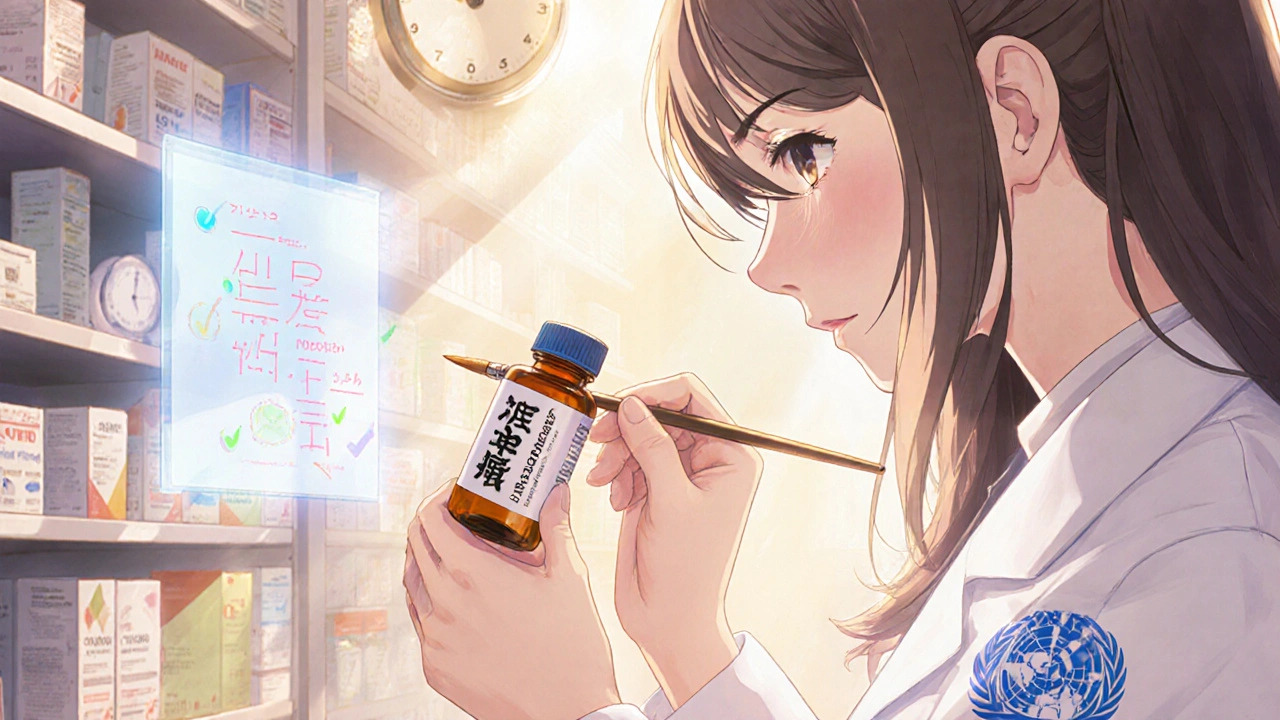 Un pharmacien étiquette une bouteille avec des caractères kanji et une horloge UTC holographique.