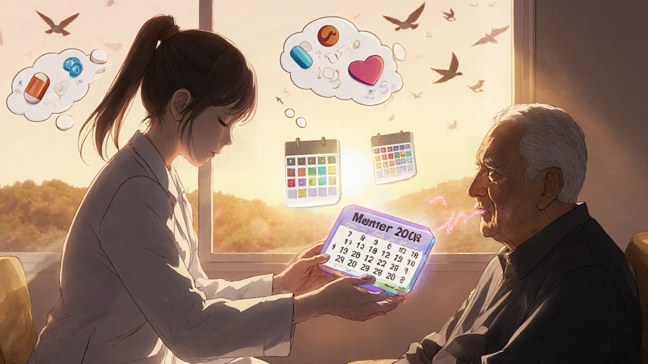 Un pharmacien remet une boîte à pilules intelligente à un homme âgé, des lumières douces émergent de la boîte.