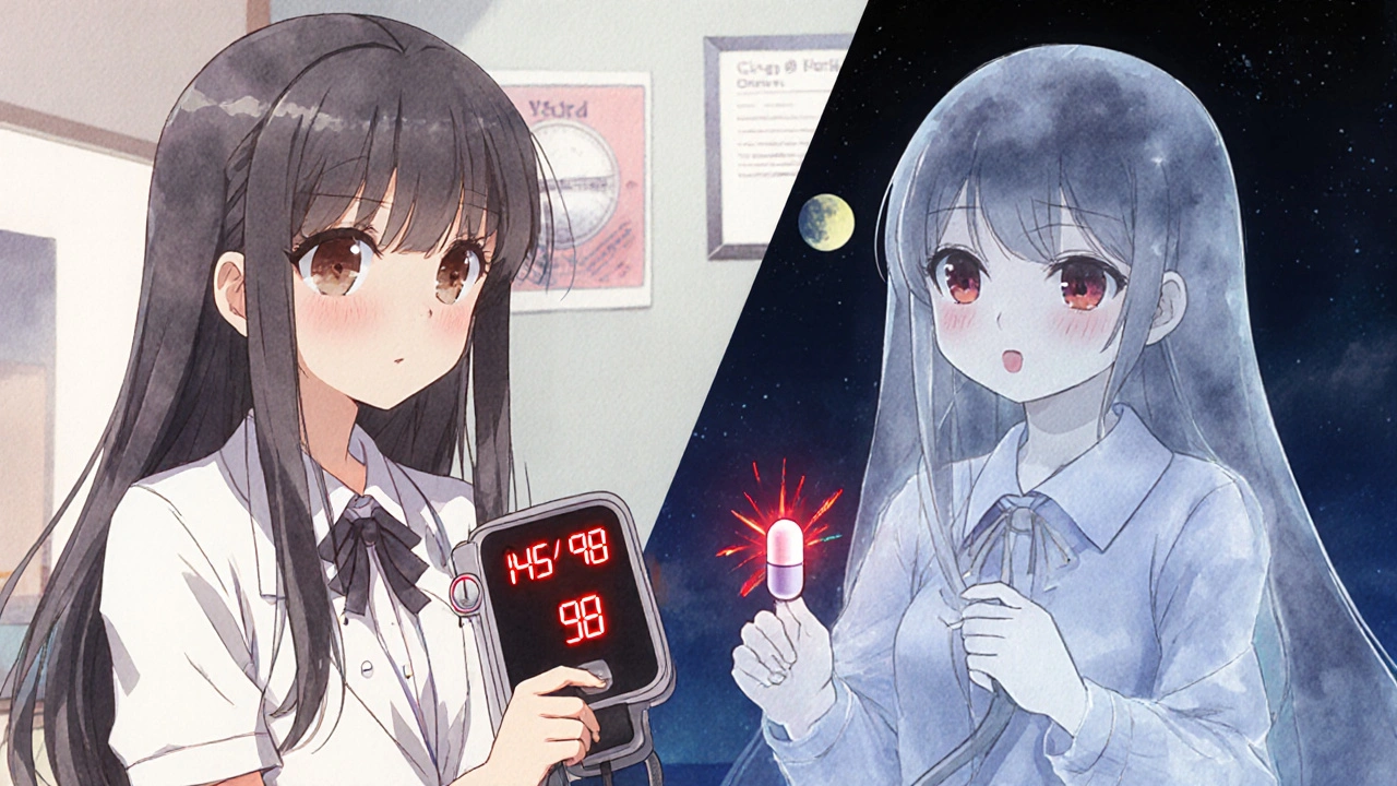 Une adolescente en consultation médicale, pression artérielle élevée, contrastée avec une version calme d&#039;elle-même.