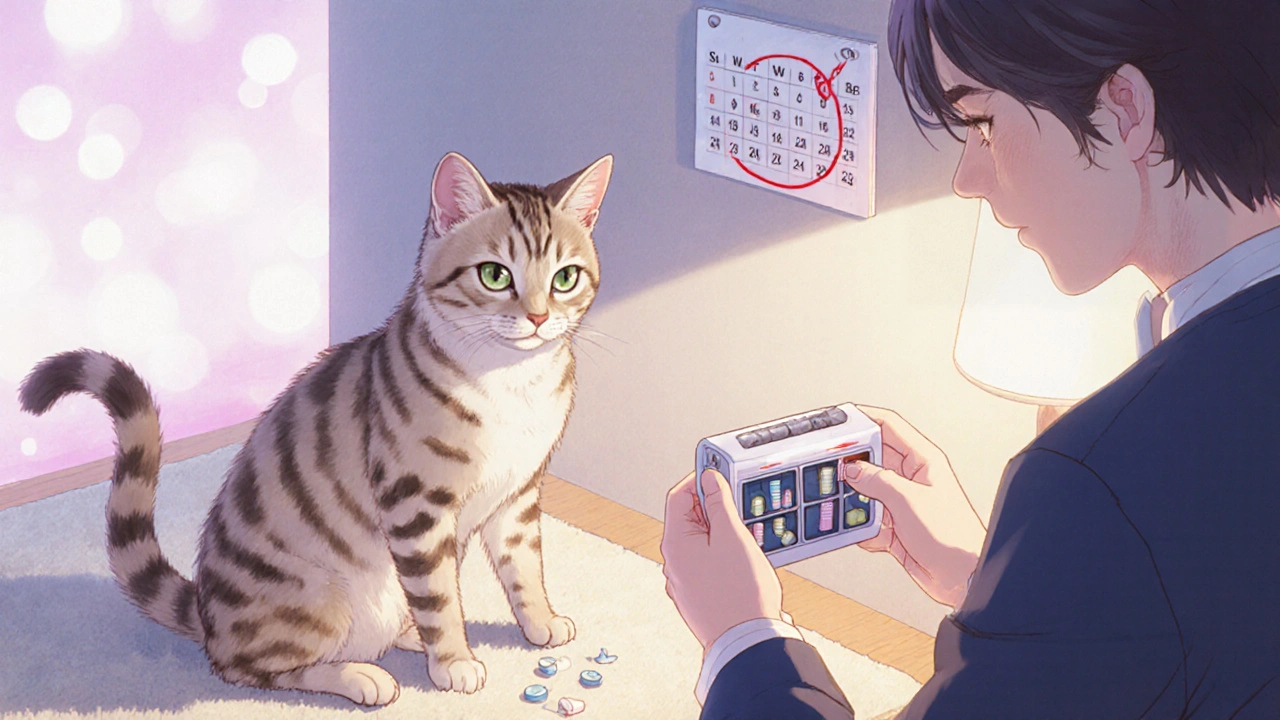 Une fille et son chat près d’un coffre-fort sécurisé pour médicaments humains et vétérinaires séparés.