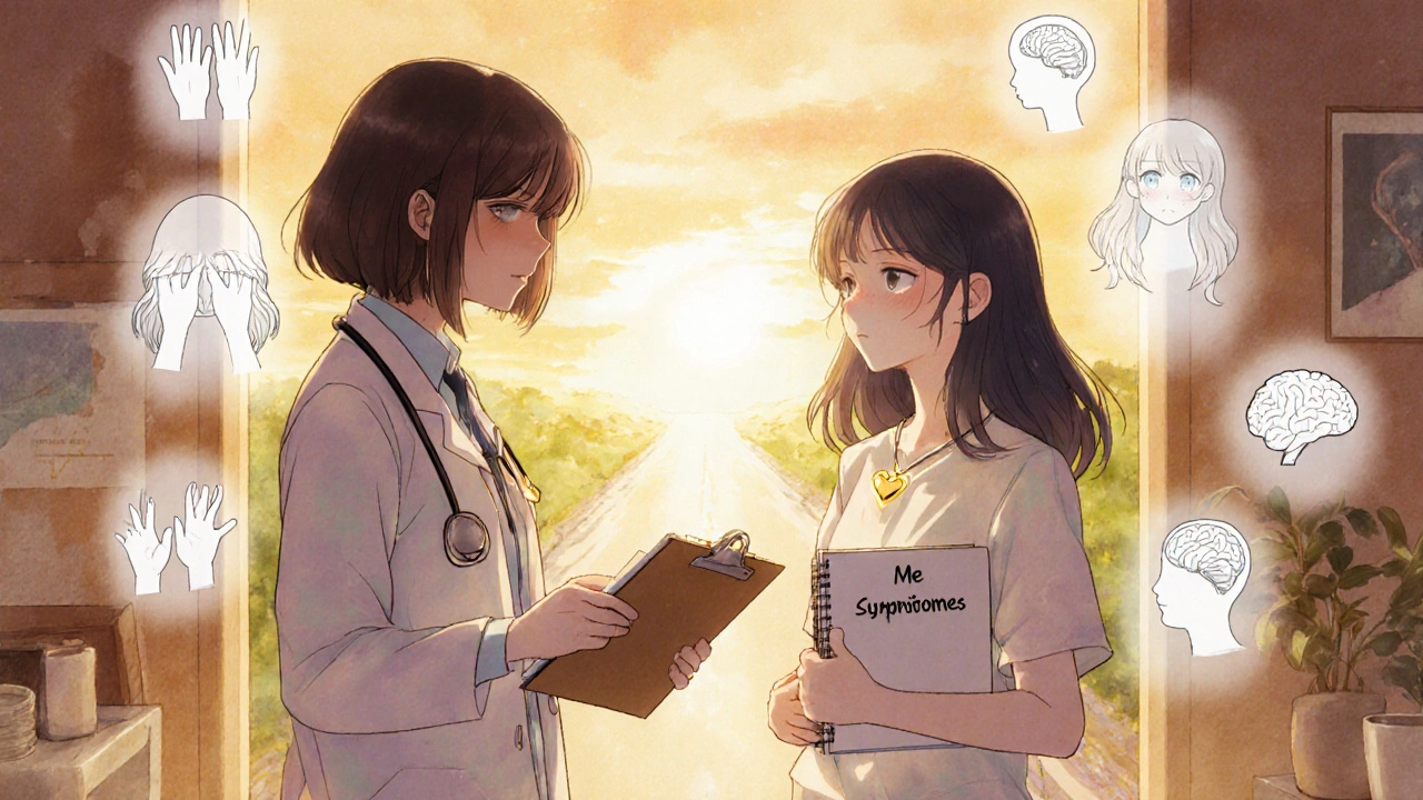 Une médecin remet un dossier à une mère dans un bureau lumineux, tandis que des symptômes flottants disparaissent vers un lever de soleil.