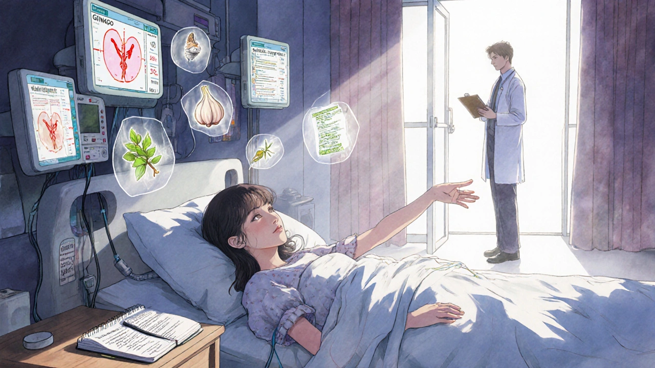 Une patiente à l’hôpital regarde des symboles de suppléments dangereux flotter au-dessus d’elle, avec des moniteurs médicaux en arrière-plan.