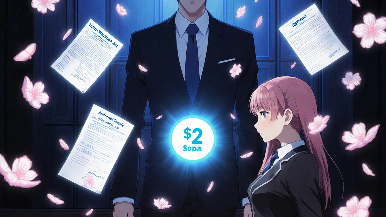 Une pharmacienne affronte un dirigeant de PBM dans un tribunal, des documents juridiques flottent autour.