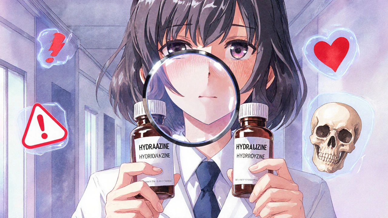 Une pharmacienne compare deux médicaments aux noms similaires avec une loupe, des alertes flottantes autour d&#039;elle.