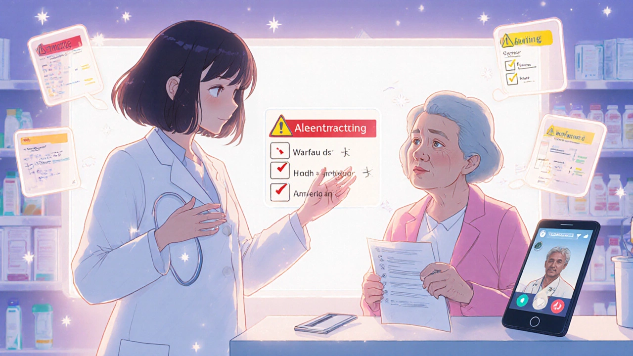 Une pharmacienne explique les interactions médicamenteuses à une patiente âgée, avec des alertes visuelles flottantes autour d&#039;eux.