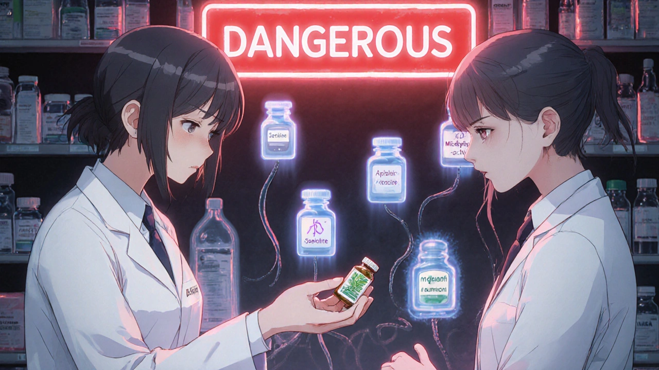 Une pharmacienne remet un supplément herbal à un patient, tandis qu’un avertissement rouge flotte au-dessus d’eux.