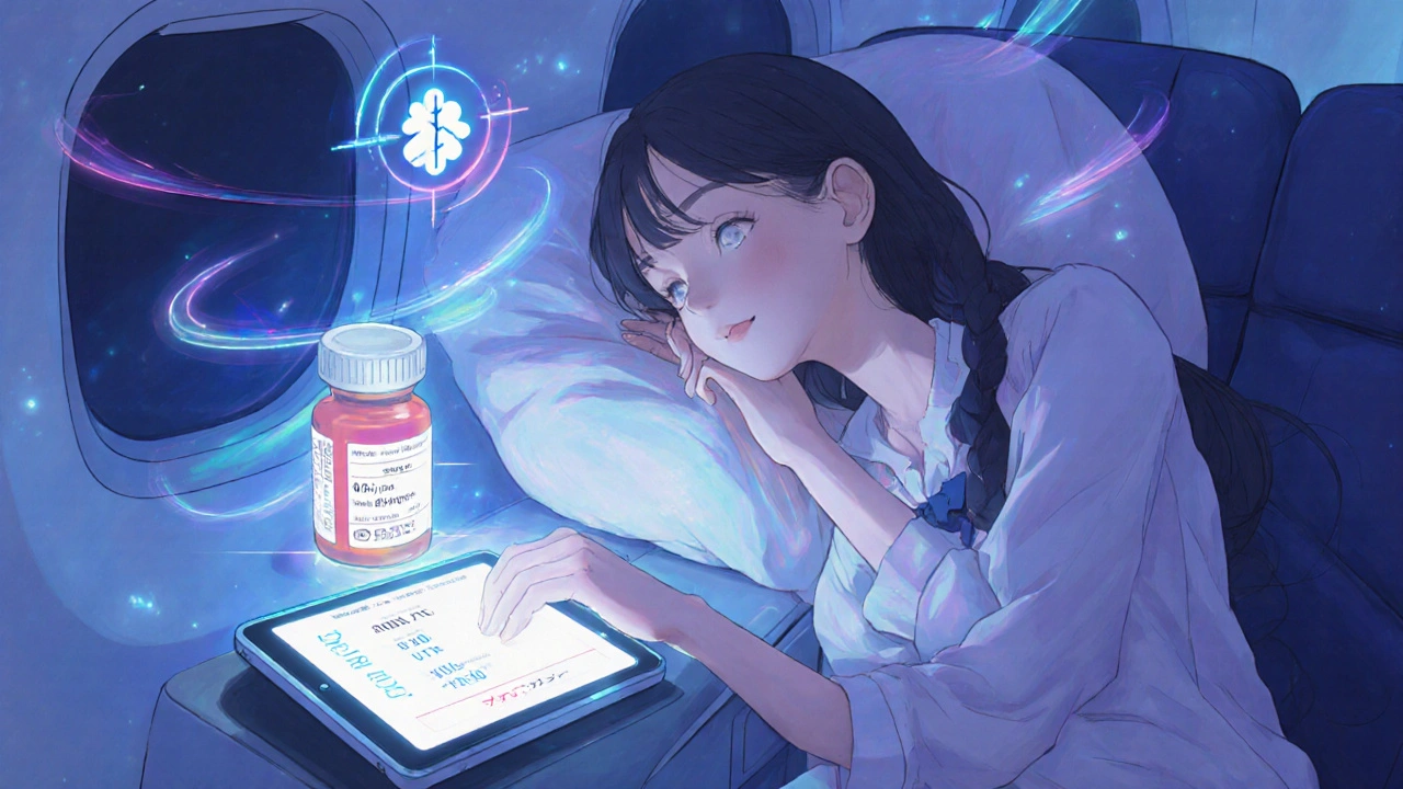 Une voyageuse endormie dans un avion, son ordonnance s&#039;affiche en réalité augmentée avec les heures locales.