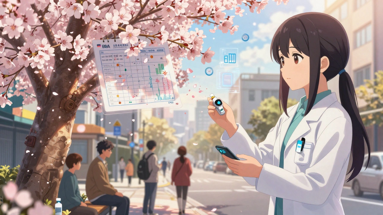 Arbre de cerisier dont les pétales deviennent des données médicales tombant sur une rue urbaine où des patients reçoivent des traitements.