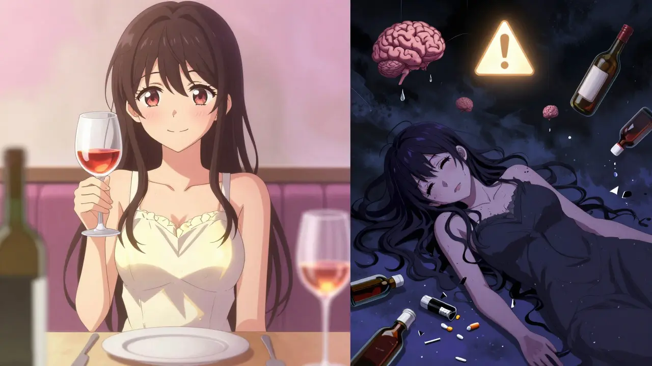 Composition en deux parties : une fille souriante avec du vin à gauche, la même fille effondrée dans l'obscurité à droite.