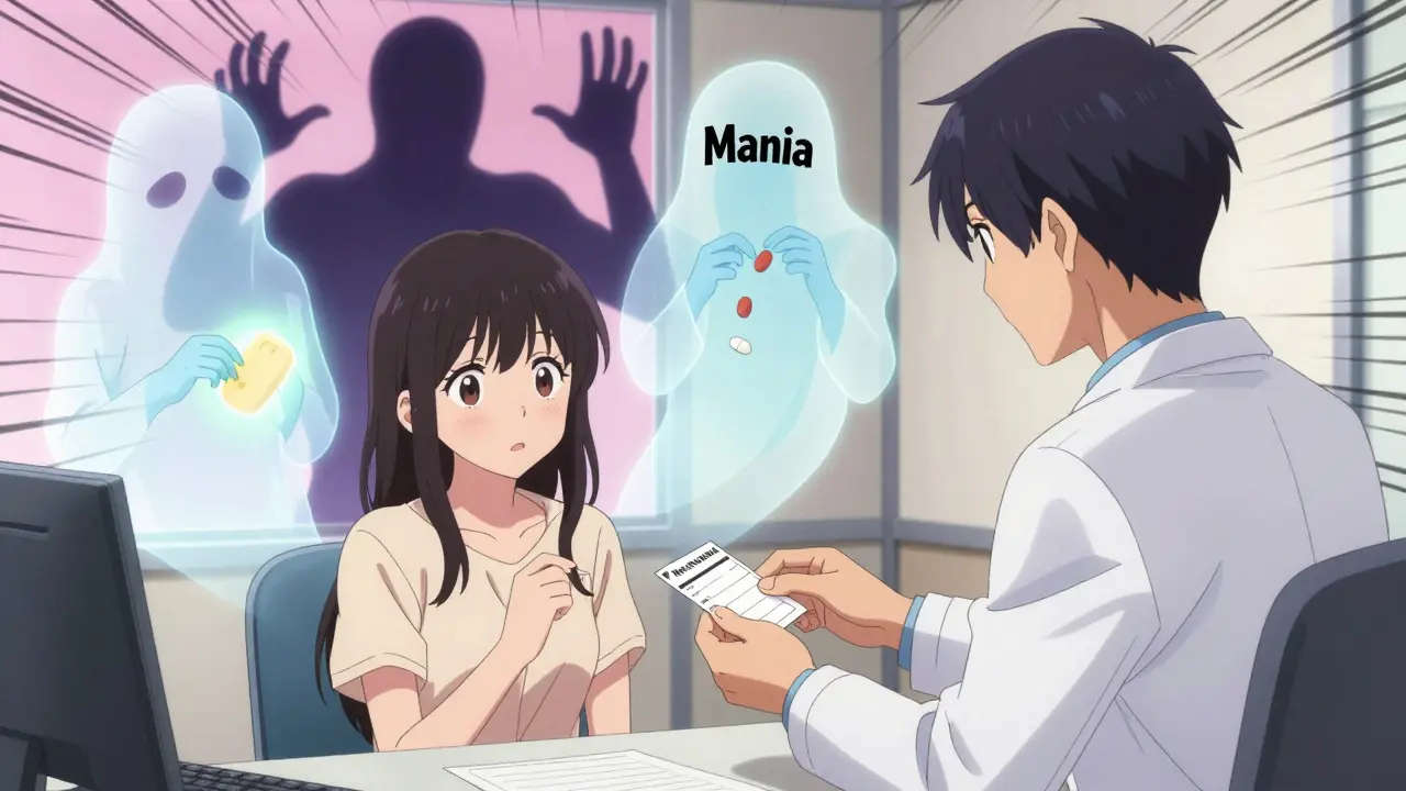 Consultation médicale où une adolescente reçoit une ordonnance, des figures fantomatiques représentant les risques l'entourent.