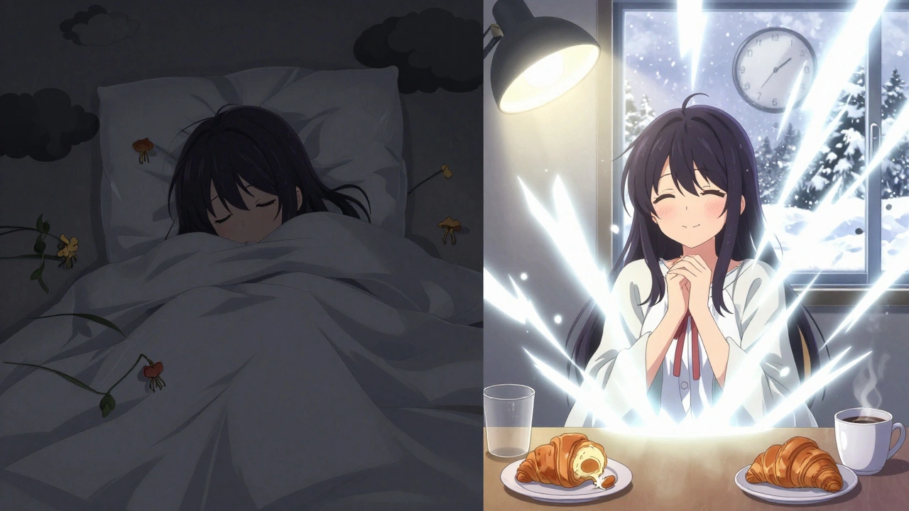 Contraste entre une jeune fille endormie dans l&#039;obscurité hivernale et la même fille éveillée, baignée de lumière réparatrice.