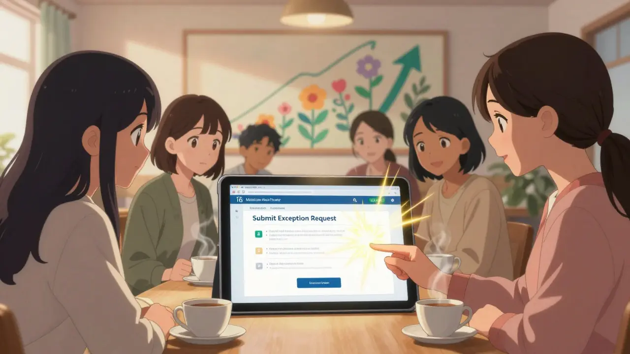 Des jeunes femmes consultent ensemble une interface numérique pour demander une exception médicale.