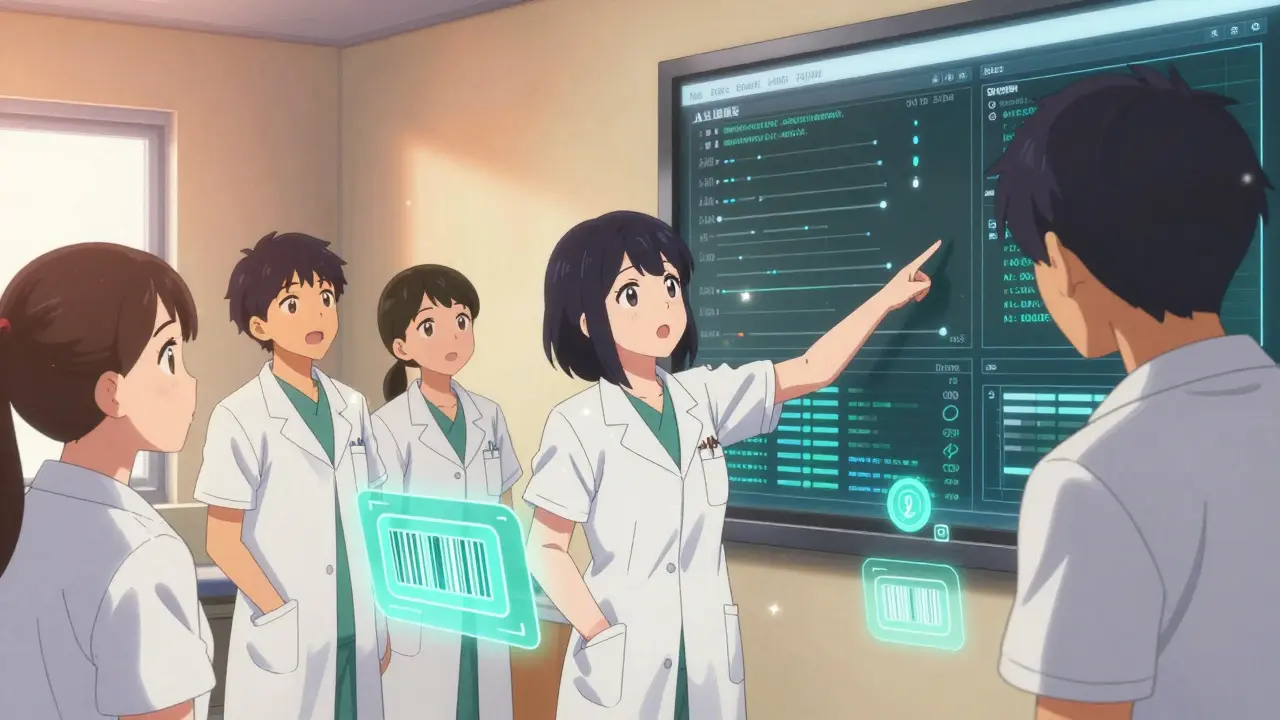 Des pharmaciens étudient des données d'IA en temps réel pour détecter des anomalies dans la chaîne d'approvisionnement.