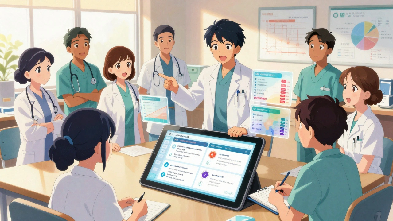 Des professionnels de santé apprennent ensemble sur une tablette interactive les différences entre biologiques et biosimilaires.