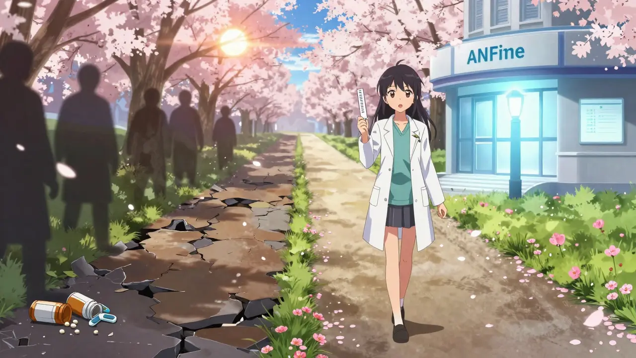 Deux chemins symboliques : un sentier sombre avec des comprimés brisés, un autre lumineux menant à un traitement moderne et sûr.