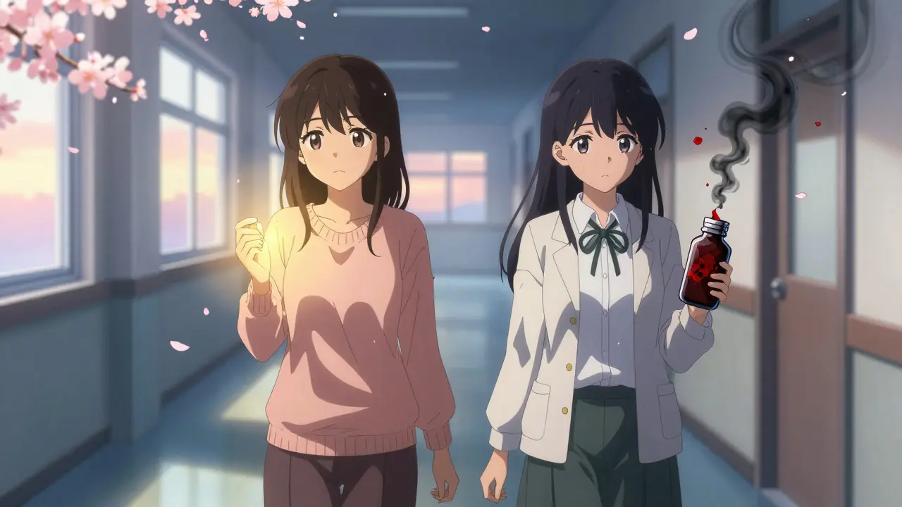 Deux jeunes femmes dans un couloir de clinique, l'une tenant une pilule dorée apaisante, l'autre une bouteille qui fume.