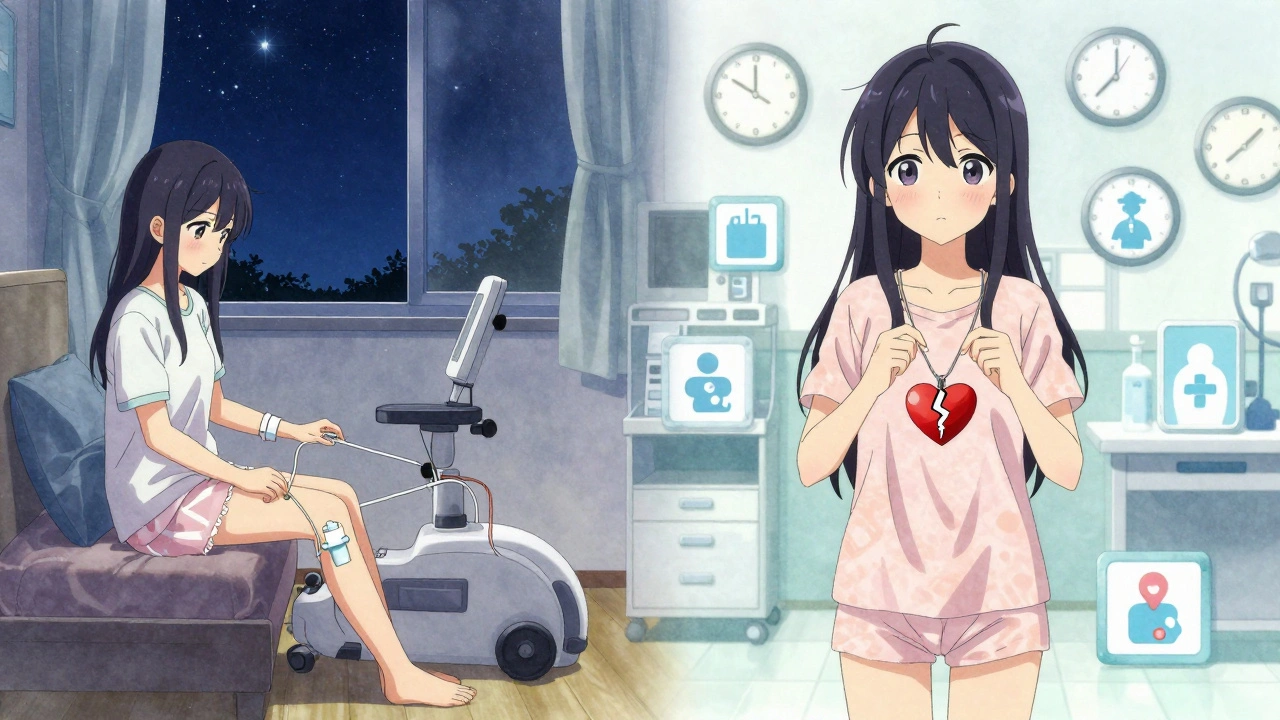 Deux versions d&#039;une même jeune femme : l&#039;une à la maison la nuit, l&#039;autre en clinique, symbole du choix entre autonomie et dépendance.