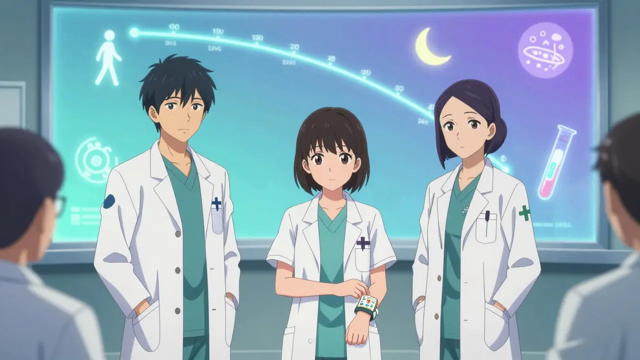 Équipe médicale autour d'une patiente, projection lumineuse d'une réduction progressive de dose, symboles de santé flottants.