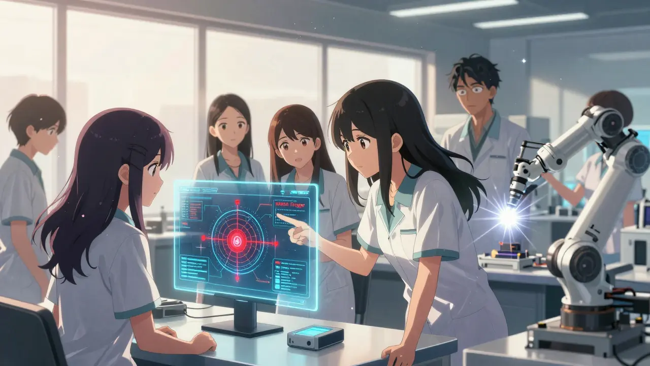 Équipes de techniciennes examinent une carte de défaillance d'une pompe à insuline sur un écran tactile.