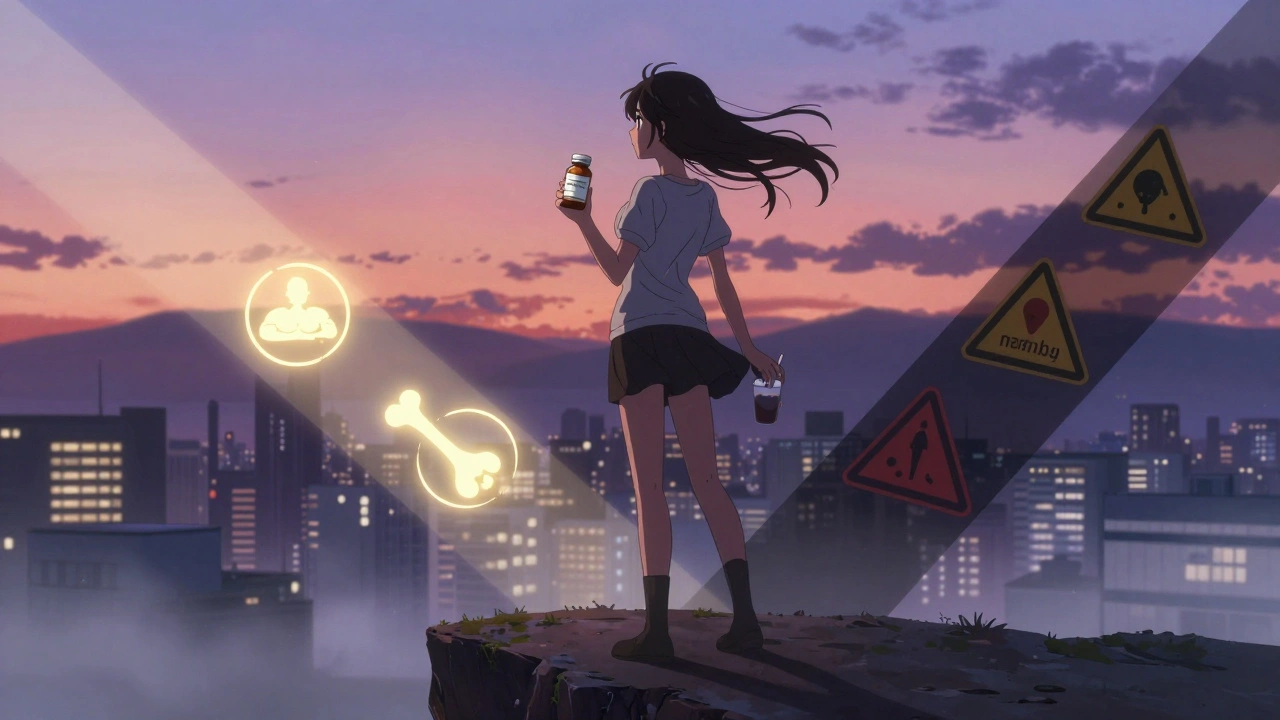 Femme sur un cliff au coucher du soleil, tenant un médicament GLP-1, deux chemins symboliques derrière elle.