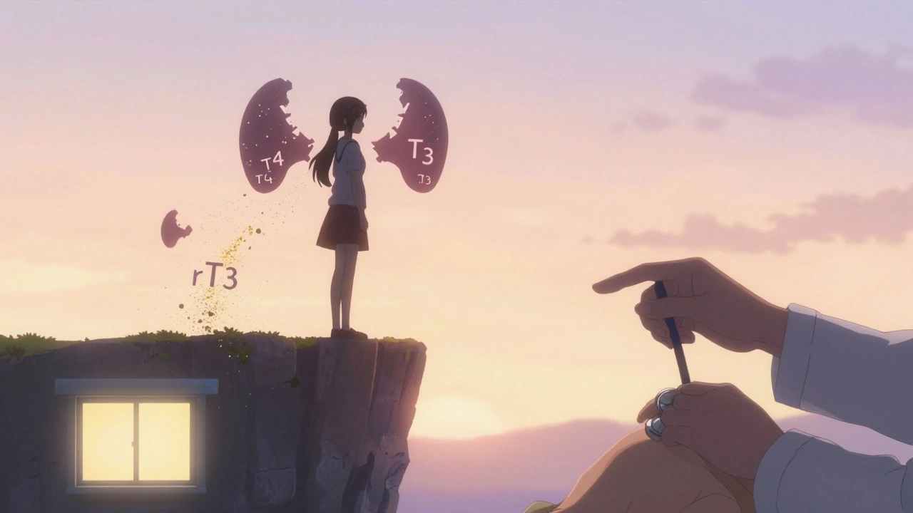 Fille au bord d&#039;une falaise au lever du soleil, des symboles hormonaux se dissolvent en poussière dorée, une fenêtre d&#039;hôpital brille en arrière-plan.