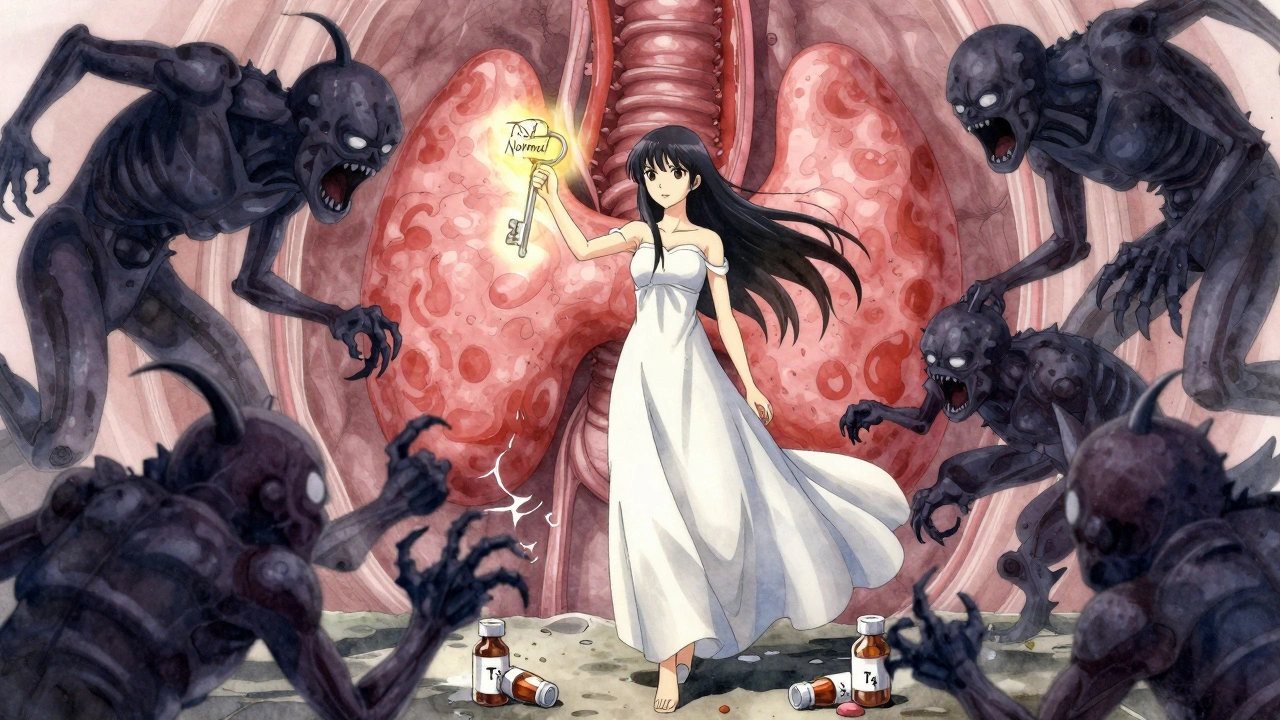 Fille guerrière dans un corps humain symbolique, bloquant des monstres de cytokines avec une clé marquée &#039;TSH normale&#039;, la thyroïde intacte derrière elle.