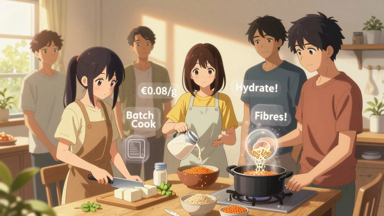 Groupe d&#039;amis cuisinant ensemble avec des aliments riches en protéines abordables.