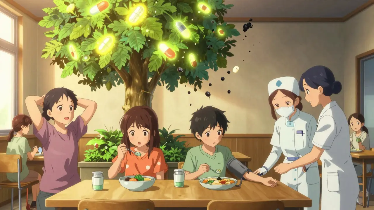 Groupe de patients en activité bien-être, un arbre lumineux remplace les médicaments dangereux par des alternatives sûres.