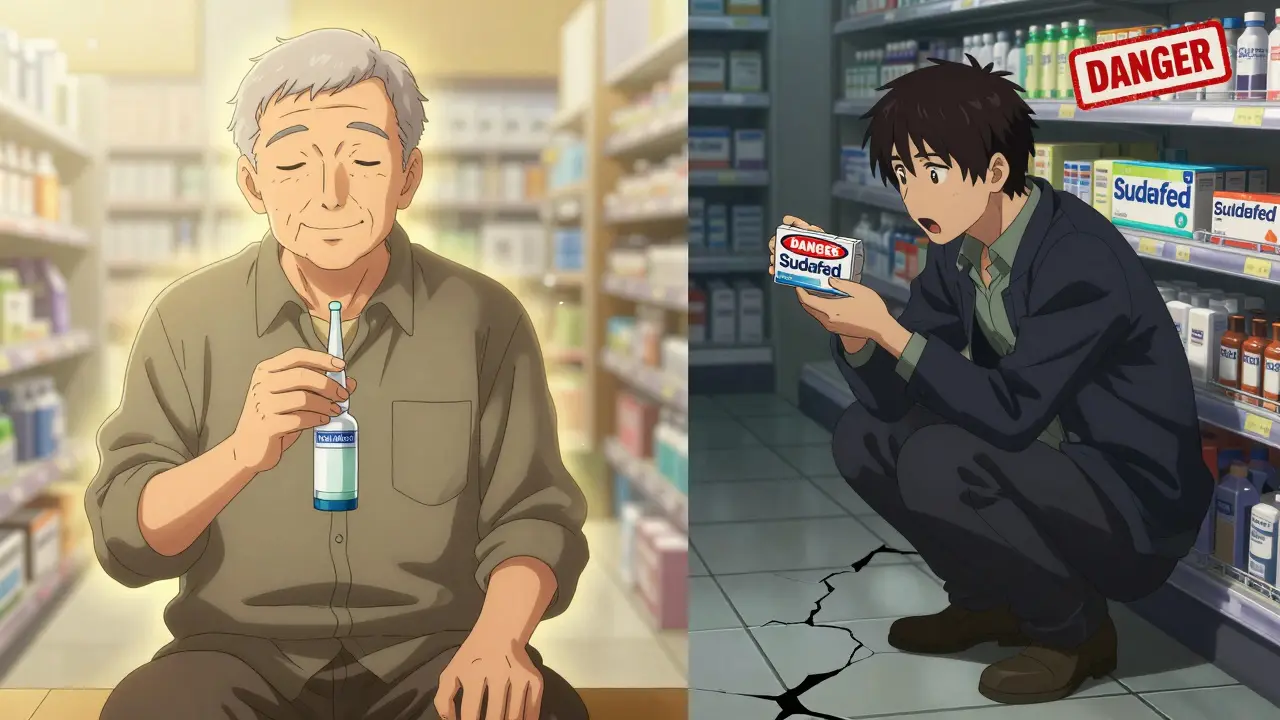 Homme âgé utilisant un spray nasal saline en paix, tandis qu'un autre regarde avec horreur une boîte de décongestionnant dangereux.